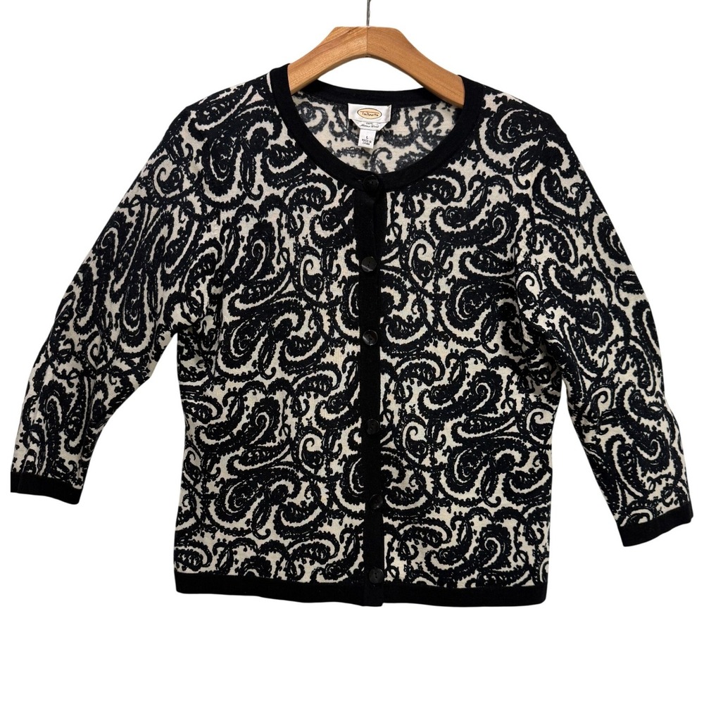 Talbots Cardigan Womens Large Black Cream Merino Wool Excellent Paisley Scroll